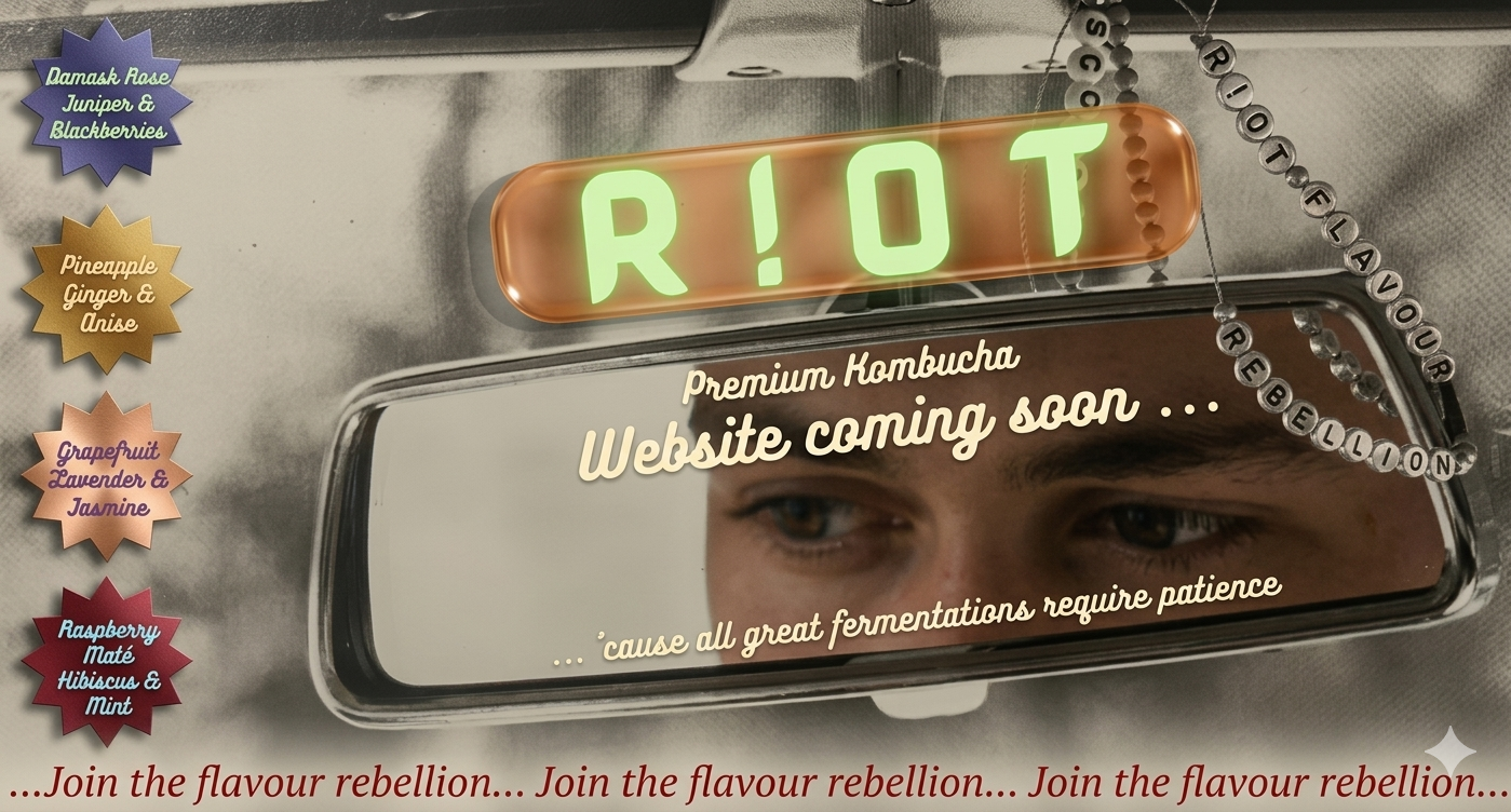RIOT Premium Kombucha – Coming Soon – Rearview mirror design with flavors